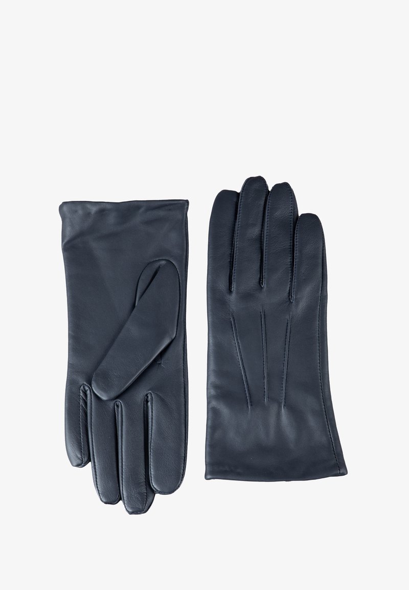 Navy leather gloves featuring a smooth texture, four fingers, and a folded cuff with stitching details. Design is classic and functional.
