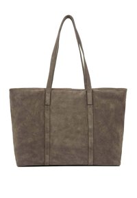 Semišová taška přes rameno v olivově zelené barvě s pevnými dvojitými rukojeťmi, obdélníkového tvaru, bez viditelných kovových prvků nebo ozdob. Hladká textura.