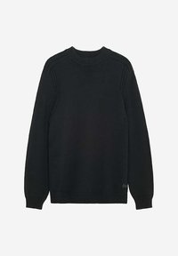 Schwarzer gestrickter Pullover mit geripptem Rundhalsausschnitt, langen Ärmeln und geradem Saum. Verfügt über strukturierte Schulterdetails und ein kleines Logo-Akzent.