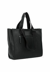 Borsa a tracolla in pelle nera con superficie testurizzata, manici piatti doppi e tasca frontale con zip. Forma rettangolare con bordi rinforzati.
