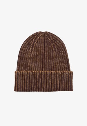 Béret en tricot côtelé marron avec un revers, présentant un motif texturé sur le dessus.