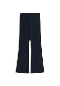 Granatowe kobiece spodnie rozszerzane z pionowymi szwami z przodu i dopasowanym wysokim paskiem, na białym tle.