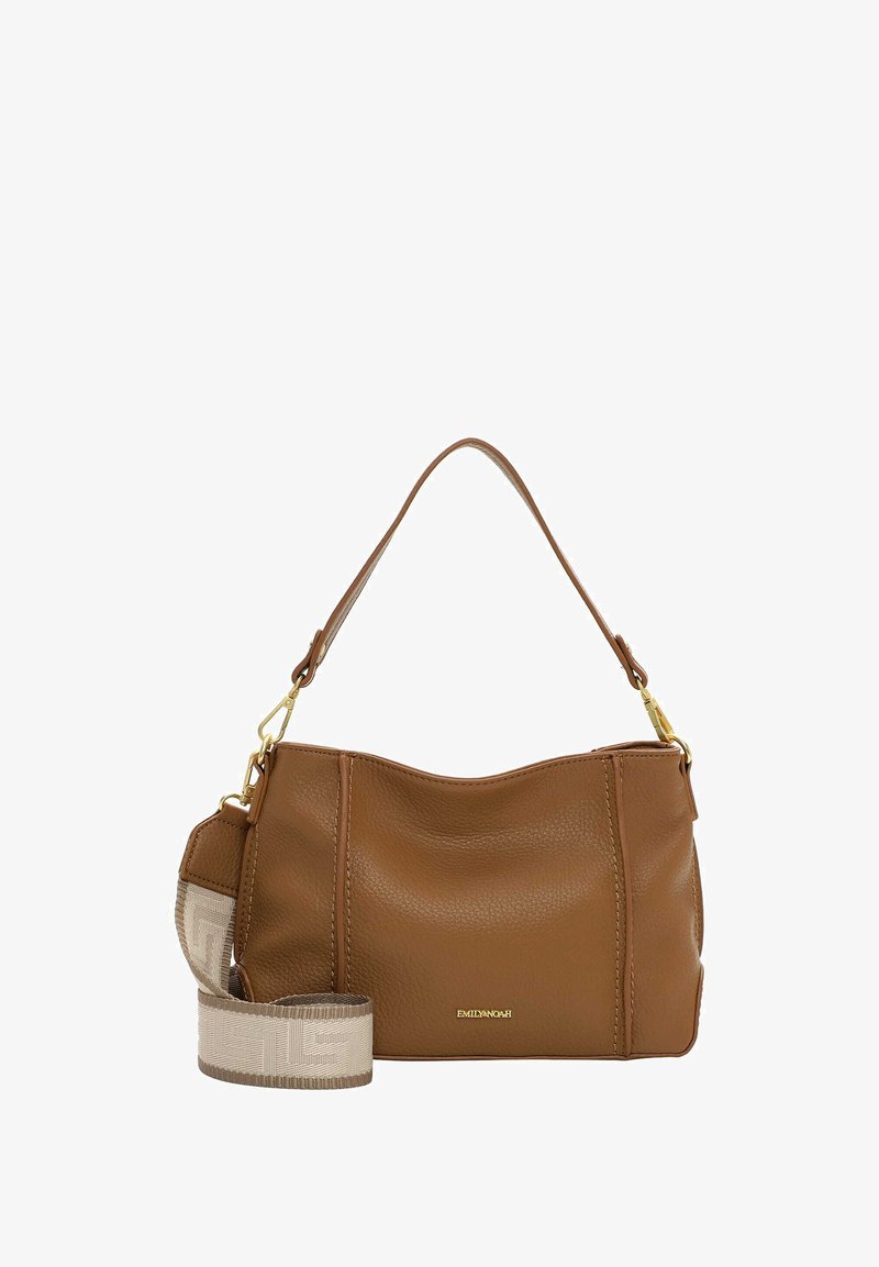 Borsa a mano in pelle marrone con una forma curva, dotata di tracolla staccabile con motivo geometrico e dettagli in metallo color oro.