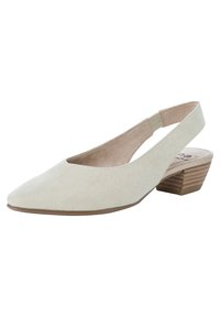 Krémová semišová lodička na klínku s špičatou špičkou, nízkým dřevěným podpatkem a elastickým páskem na patě pro bezpečné uchycení.