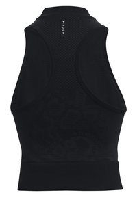 Haut de sport noir sans manches avec col montant et logo "RUSH" sur le haut du dos, en tissu mesh respirant et design dos nageur.