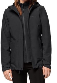 Svart vattentät jacka med dragkedja framtill, justerbar huva och elastiska muddar. Slät textur med minimalistisk design och logodetalj.