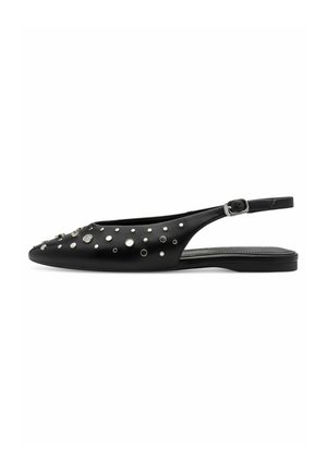 Black leather slingback shoe featuring a pointed toe, silver studs in various sizes, and a flat sole with a buckle strap.