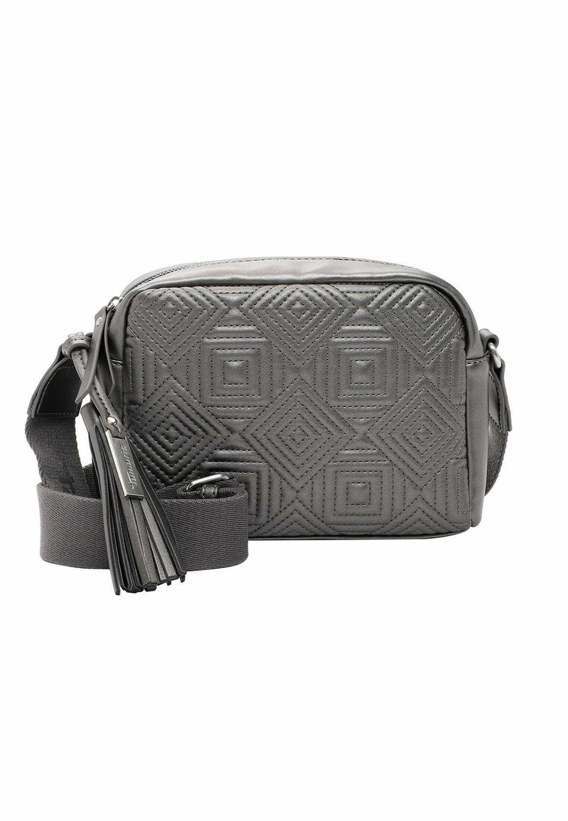 Borsa a tracolla grigio scuro con motivo a diamante trapuntato, ampia tracolla in tessuto regolabile e tassel in pelle decorativo sul cursore della zip.