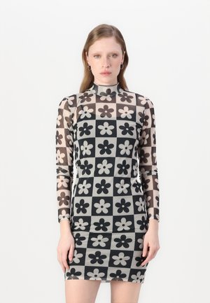 Sheer, long-sleeve dress featuring a grid pattern of large flowers in black and cream on a transparent background; high neckline design.