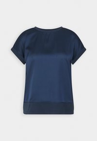 Maglietta blu navy a maniche corte con una texture liscia simile alla seta, scollatura rotonda e risvolti sui bordi. Design semplice e orlo dritto.