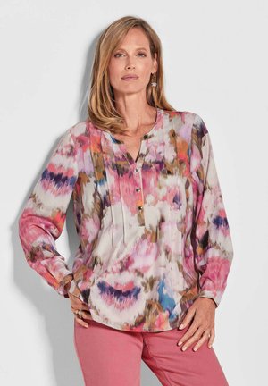 Leichtes, mehrfarbiges Blusenshirt mit floralem Muster, mit V-Ausschnitt, drei Knöpfen, langen Ärmeln und lockerer Passform.