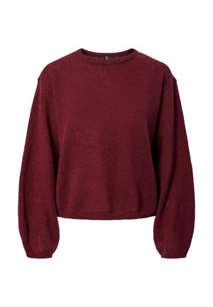 Bordeaux strikket sweater med rund hals, dropped shoulders og lange puffærmer. Blød tekstur med en afslappet pasform og ribbet kant.