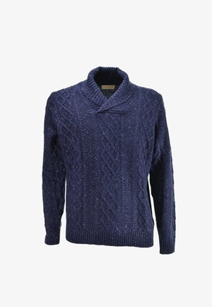 Maglione a maglia blu navy con collo sciallato, caratterizzato da un motivo a trecce testurizzato e polsini e orlo a coste. Tessuto morbido di peso medio.
