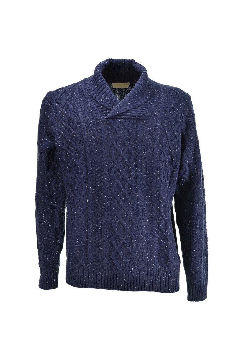 Maglione a maglia blu navy con collo sciallato, caratterizzato da un motivo a trecce testurizzato e polsini e orlo a coste. Tessuto morbido di peso medio.