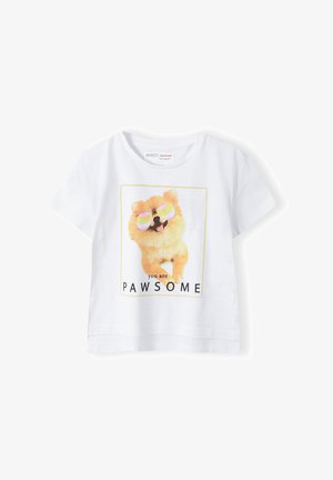 White cotton t-shirt featuring a yellow Pomeranian graphic wearing rainbow sunglasses with the text "you are PAWSOME" in black below.