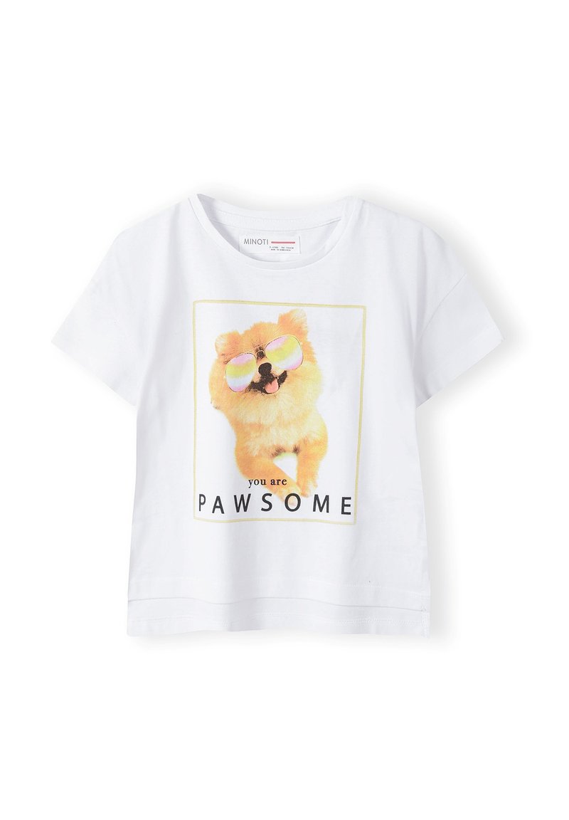 Bielo-bavlnené tričko s grafikou žltého Pomeraniana, ktorý nosí dúhové slnečné okuliare, a s textom "si PAWSOME" v čiernej farbe nižšie.