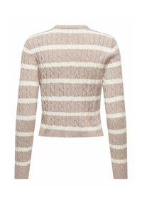 Beige en witte gestreepte kabelgebreide trui met lange mouwen en een ronde halslijn, gezien vanaf de achterkant.