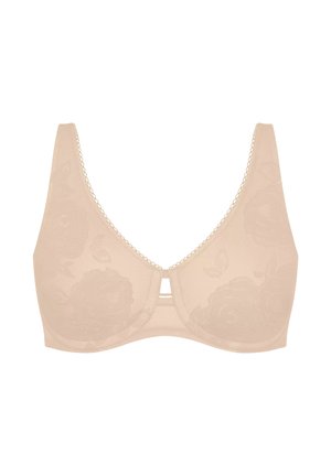 Beige bh med blomster-blonde mønster, blødt materiale, brede skulderstropper og en sømløs design. Har en hul-øjede accent i midten foran.