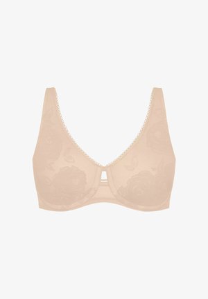 Reggiseno beige con motivo in pizzo floreale, tessuto morbido, spalline larghe e design senza cuciture. Presenta un dettaglio a chiave al centro davanti.