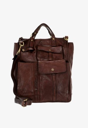 Brown leather handbag with a textured finish, featuring two top handles, a removable shoulder strap, and multiple front pockets with button closures.