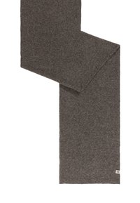 Dunkelgrauer Schal aus strukturiertem Stoff, mit einem schlichten Design und fransigen Kanten. Ein kleines Etikett ist an einem Ende sichtbar.