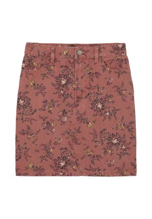 Jupe en denim couleur rouille avec imprimé floral jaune et foncé, boutons à l'avant, fermeture éclair et poches avant.