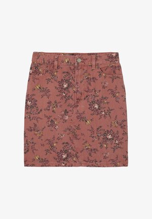 Jupe en denim couleur rouille avec imprimé floral jaune et foncé, boutons à l'avant, fermeture éclair et poches avant.