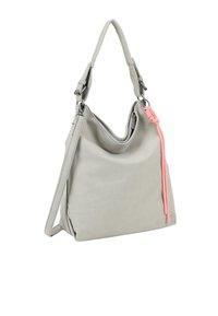 Borsa a tracolla in pelle grigia con un design morbido, caratterizzata da una tracolla staccabile e un accento di corda rosa. Texture liscia, branding minimo.