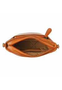 Tan leren handtas met een ritssluitingen, een handvat aan de bovenkant en binnencompartimenten. Gladde textuur met subtiele stikdetails aan de binnenkant.