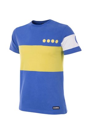 Blauwe en gele katoenen t-shirt met horizontale strepen, voorzien van gele steraccenten en een zwart COPA-label aan de zoom.