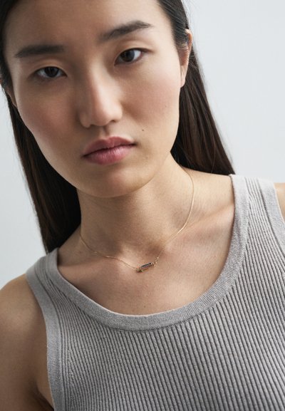 Kuldne kaelakee kitsaste ristkülikukujuliste siniste vääriskivide ripatsiga. Kanti heledast hallist ribakatest kampsunist, millel on ümar kaelus.