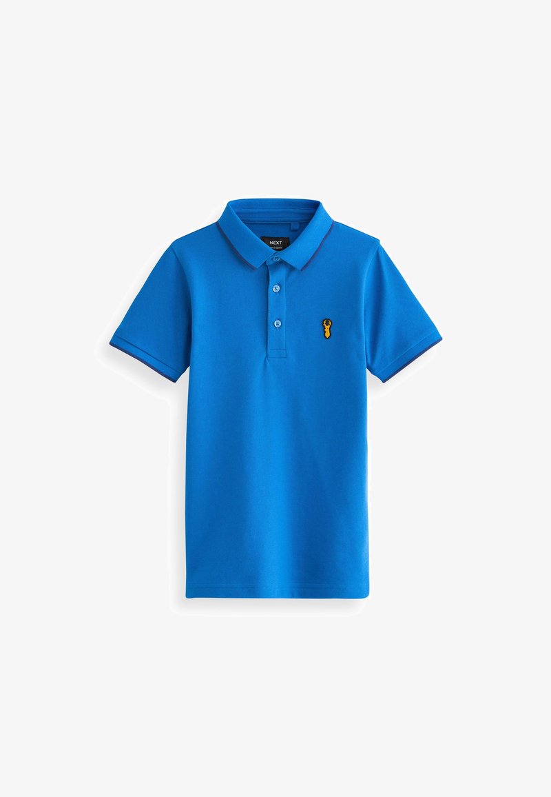 Blauwe poloshirt van katoen, met een twee-knopen sluiting, korte mouwen en een gele kreeftenborduring op de linkerkant van de borst.