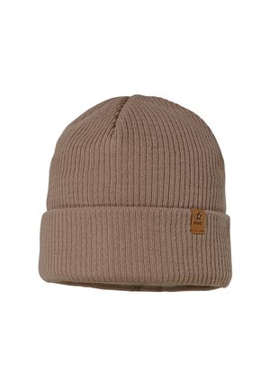 Brown ribbed knit beanie with folded cuff and small rectangular leather logo patch on cuff.