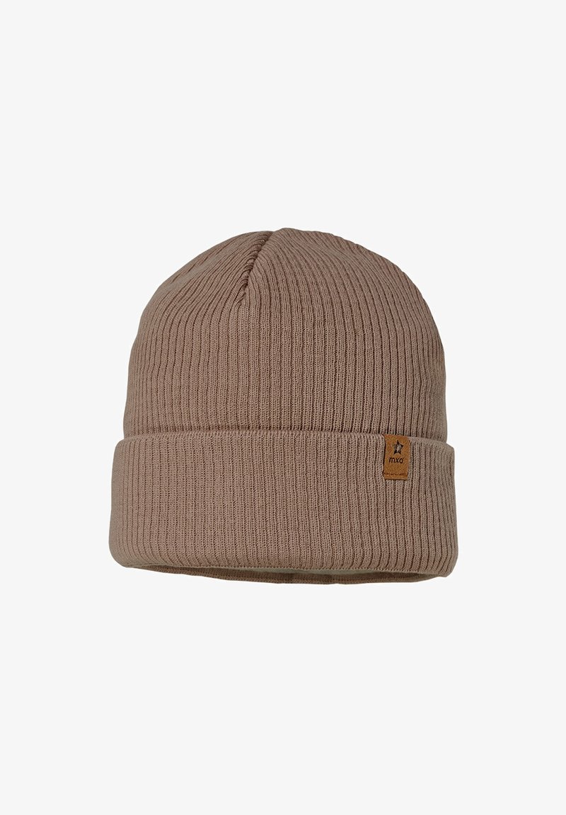 Brown ribbed knit beanie with folded cuff and small rectangular leather logo patch on cuff.