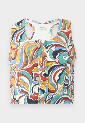 Krāsains apgrieztais tops ar vijīgu rakstu sarkanā, zilā, zaļā un dzeltenā krāsā, ar apļveida kakla izgriezumu un pogu aizdari.