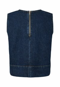 Jeansväst, mörkblå, ärmlös design, synlig sömnad, dragkedja bak, jämn textur, utan fickor, rak nederkant.