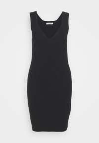 Sleeveless black knit dress with deep V-neckline and fitted silhouette, displayed against plain light background.