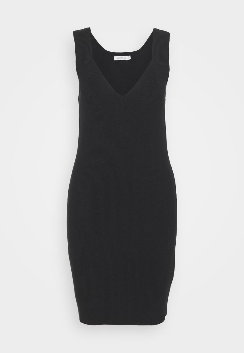 Sleeveless black knit dress with deep V-neckline and fitted silhouette, displayed against plain light background.