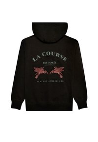 Sudadera negra con una gran impresión gráfica en la espalda que incluye texto y dos caballos alados rojos. Fabricada con tela suave y de corte relajado.