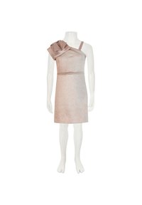 One-shoulder dress in light pink shimmering fabric, featuring a knotted accent on the shoulder and a slim, fitted silhouette.