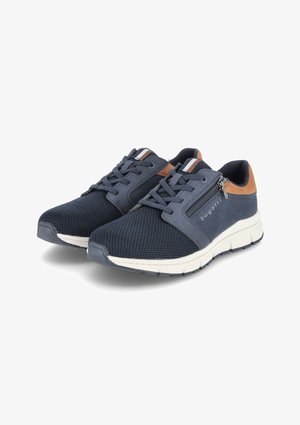 Marineblaue Sportschuhe aus Mesh und synthetischen Materialien, mit einem beigen Akzent, Schnürverschluss und einem seitlichen Reißverschluss für einfaches An- und Ausziehen.