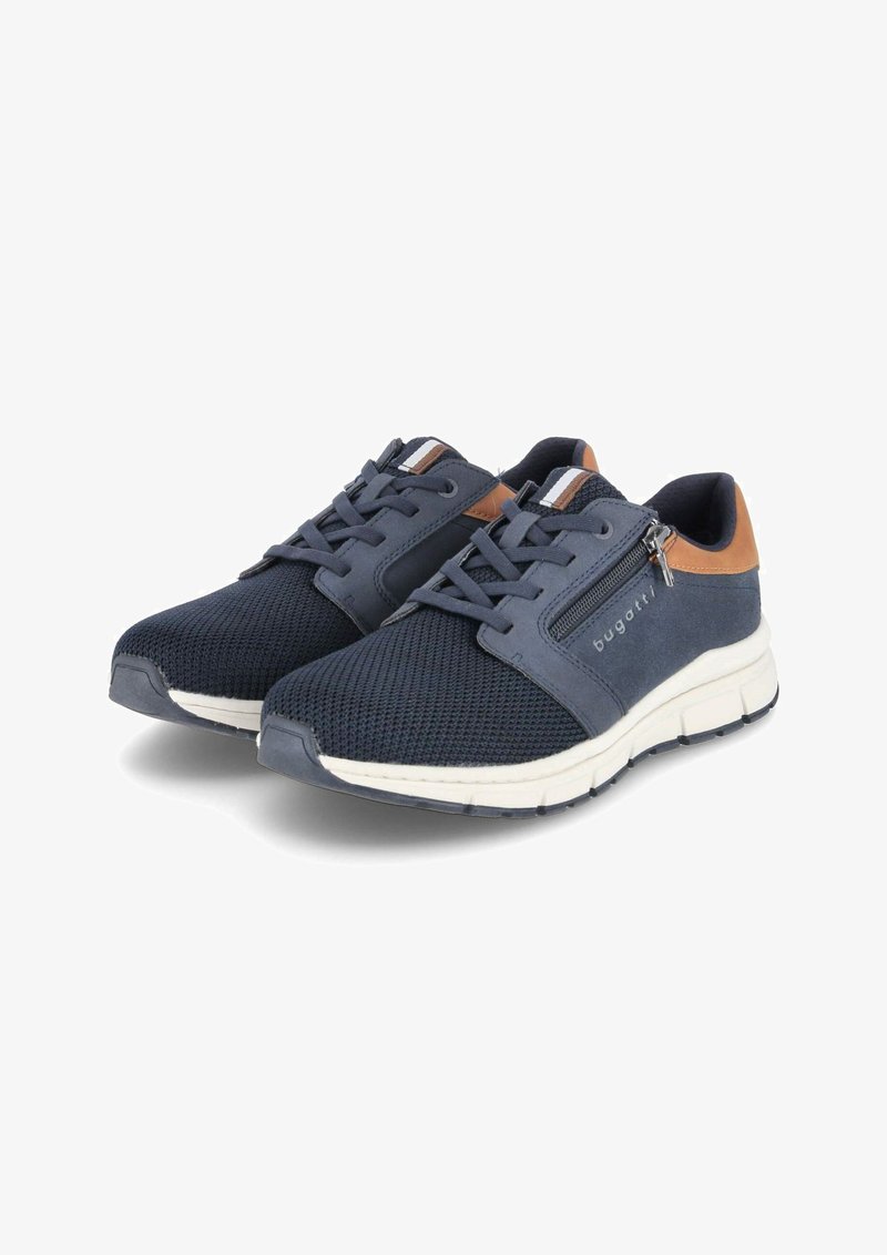 Navy athletic shoes made of mesh and synthetic materials, featuring a tan accent, lace-up closure, and a side zip detail for easy wear.