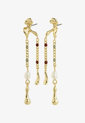 Kultaiset roikkuvat korvakorut, joissa on teksturoidut ketjulenkit, koristeltu vihreillä ja kastanjanpunaisilla helmillä, ja päättyy kahteen helmeen.