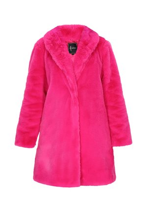 Faux fur jas in felroze, met een sjawl-kraag, lange mouwen en een rechte snit, met een zachte, pluche textuur.