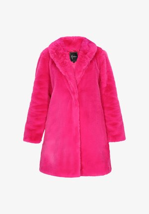 Cappotto in pelliccia sintetica di un brillante colore rosa, con colletto a scialle, maniche lunghe e taglio dritto, dalla texture morbida e soffice.