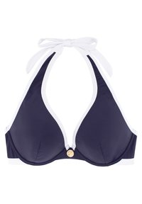 Tamsiai mėlynas bikini viršus su balta apdaila. Kaklo juostos dizainas, paminkštinti puodeliai ir auksinė detalė centre. Lygus audinio paviršius.