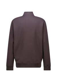 Dark brown sweatshirt with a high collar, long sleeves, and ribbed cuffs and hem. Smooth texture and minimalist design, no visible logo or patterns.