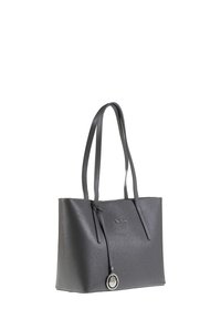 Borsa tote in pelle grigia con una finitura testurizzata. Presenta due manici lunghi, un accento rotondo decorativo e un design minimalista.