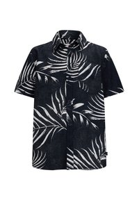 Camicia a maniche corte in tessuto blu navy con un motivo di foglie di palma bianche, apertura con bottoni e colletto ribassato. Include una tasca sul petto.