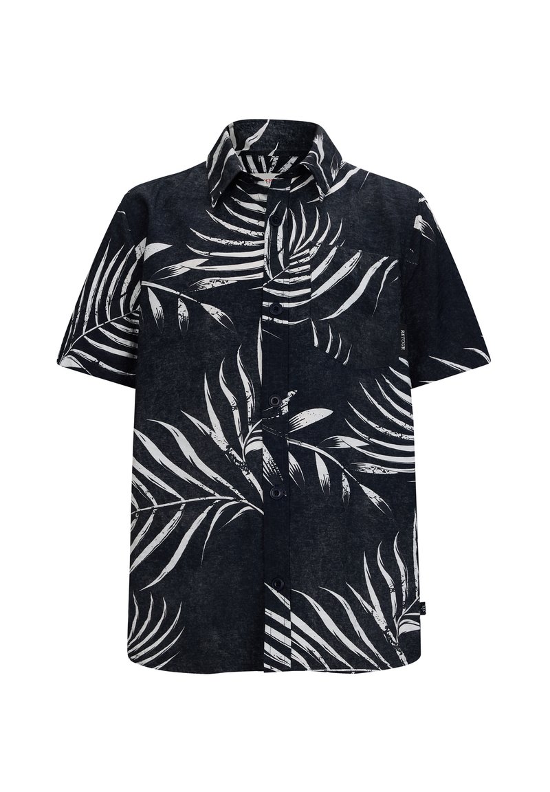 Camicia a maniche corte in tessuto blu navy con un motivo di foglie di palma bianche, apertura con bottoni e colletto ribassato. Include una tasca sul petto.